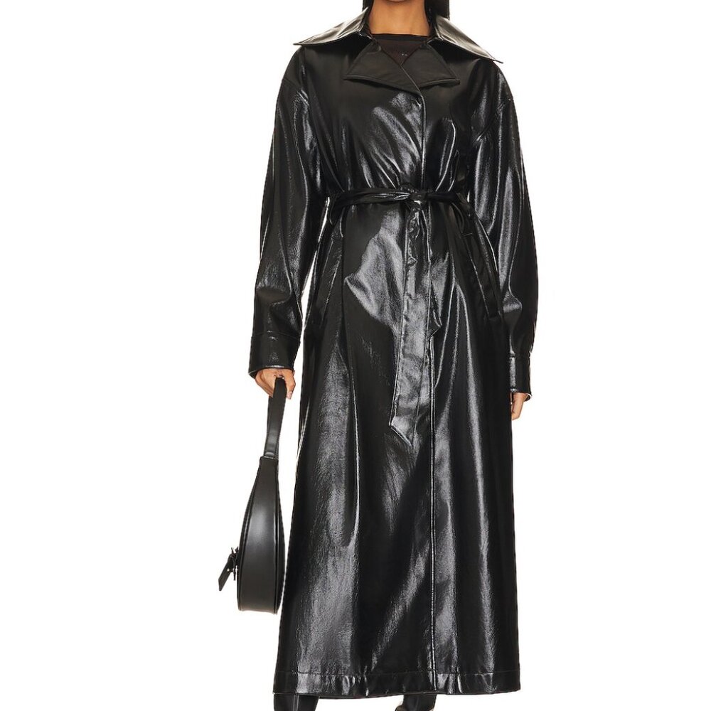 Amanda Uprichard Lansing Patent Leather Long Trench Coat Jacket Black Medium